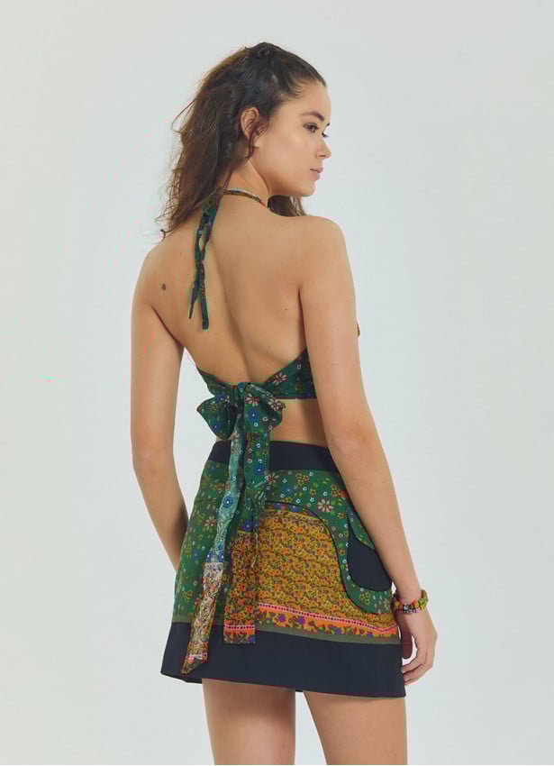 Snap Front Pocket Patchwork Wrap Green Floral Skirt 4685
